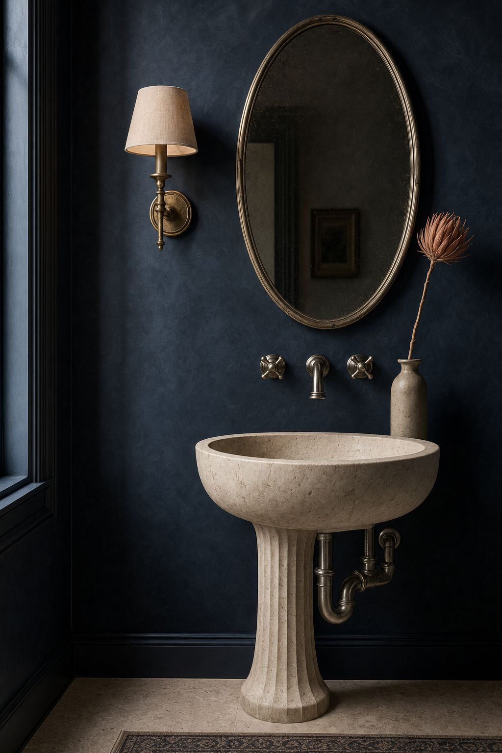 Powder room with deep navy venetian plaster walls, stone pedestal sink, brass sconce, and oval mirror