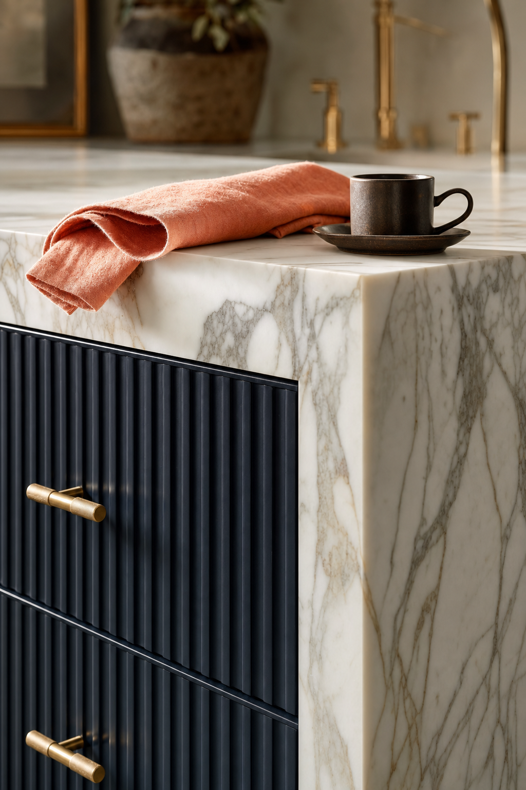 Detail of fluted navy cabinetry meeting a Calacatta marble waterfall island with brushed brass T-bar hardware