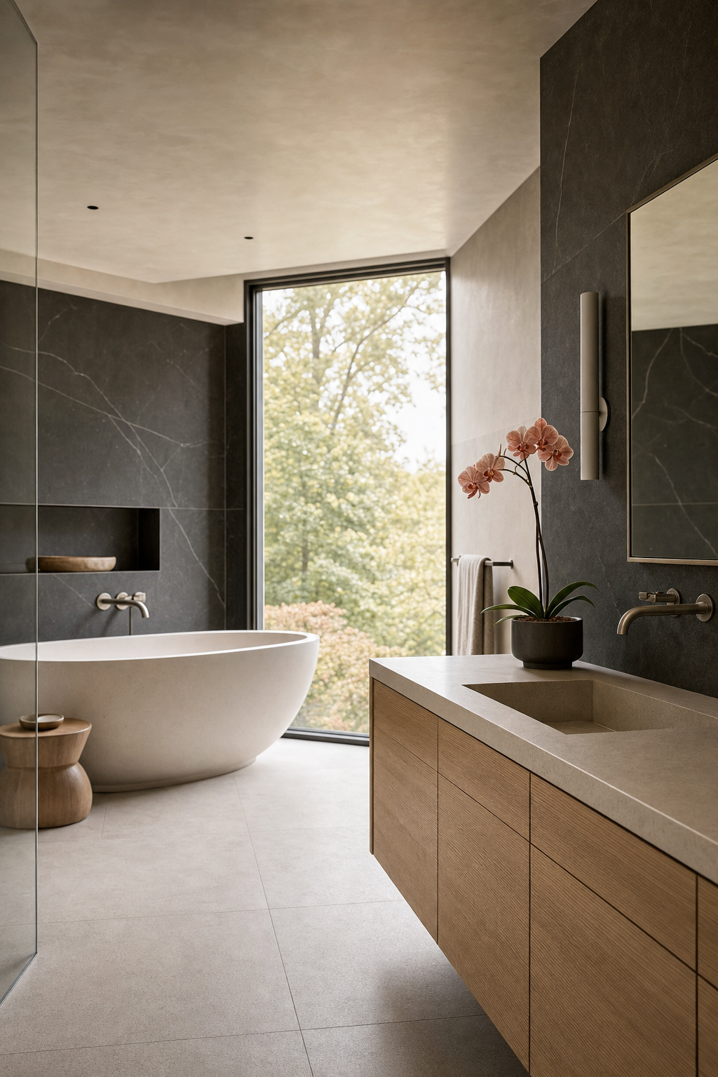 Luxury master bathroom with honed charcoal stone walls, sculptural freestanding tub, rift-cut white oak vanity, and natural light from a floor-to-ceiling window