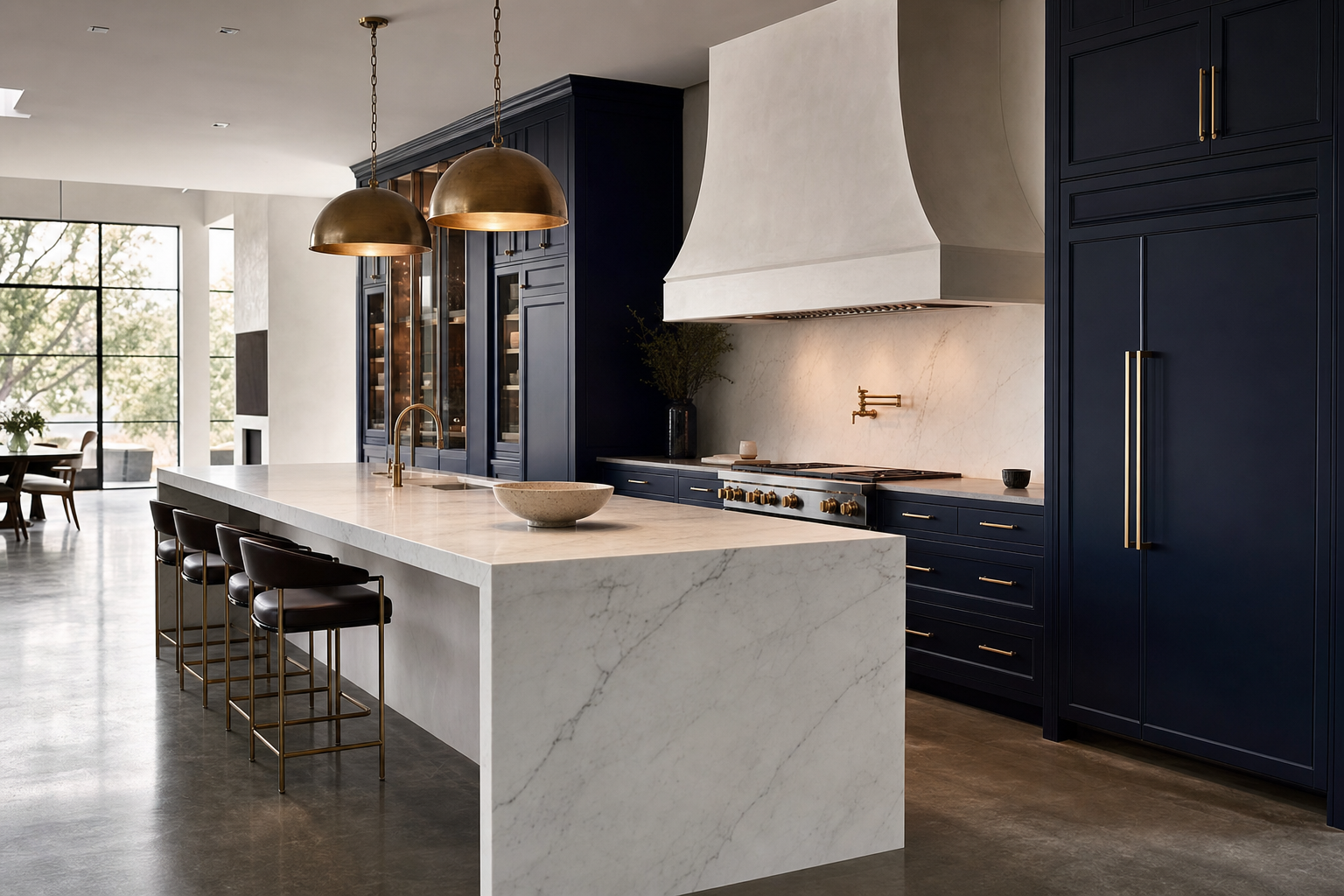 Luxury kitchen with midnight navy cabinetry, marble waterfall island, and brass pendants in a DC Metro home