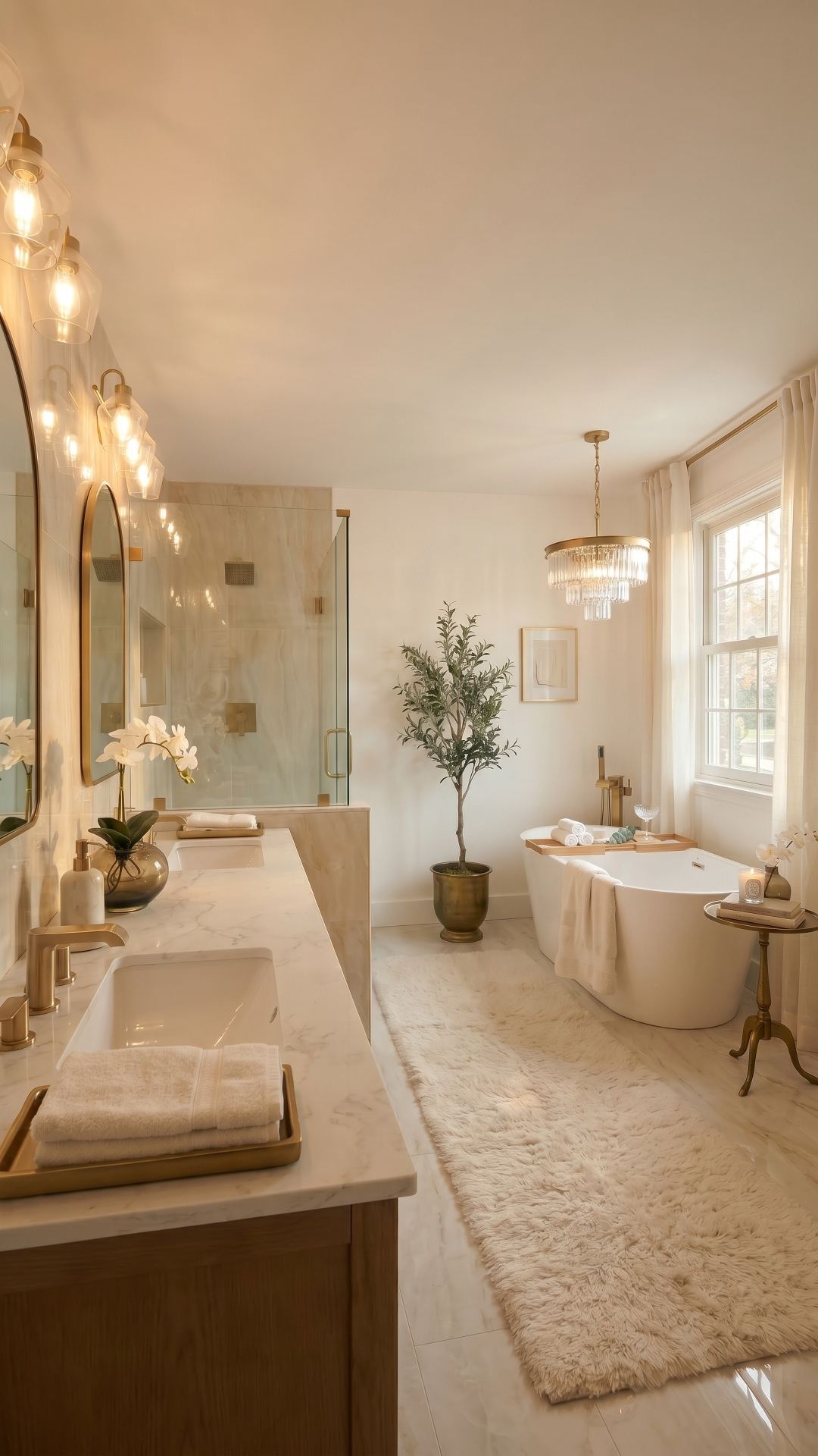 A warm, stone-lined bathroom with a freestanding tub