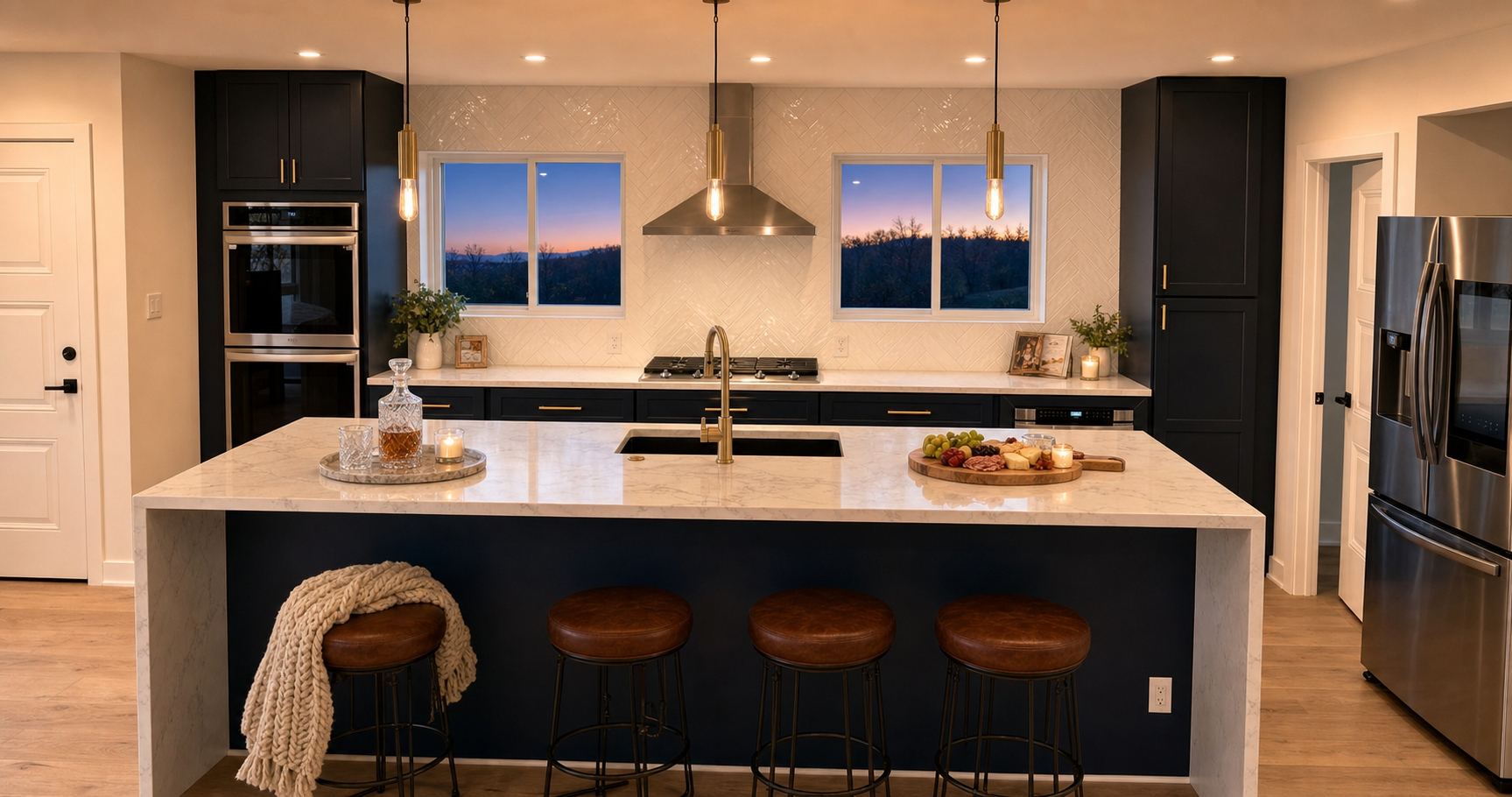 A navy kitchen with a waterfall island shown at twilight