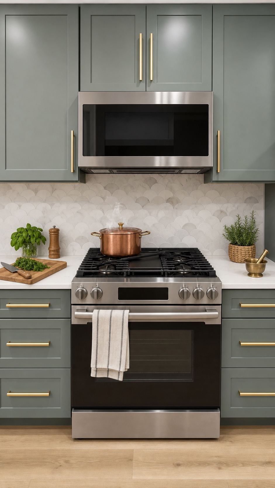 Sage-green cabinetry, brass hardware, and a scalloped stone backsplash