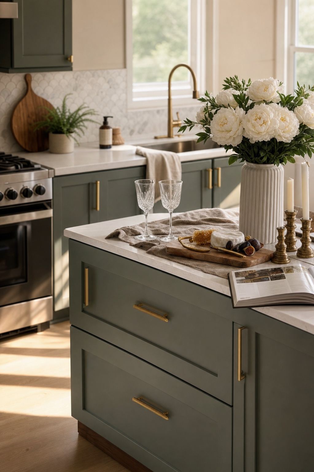 A close study of sage cabinetry, marble surfaces, and brass details