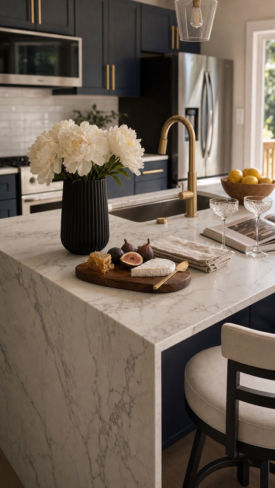 A detailed view of a quartz waterfall island, brass faucet, and navy cabinetry