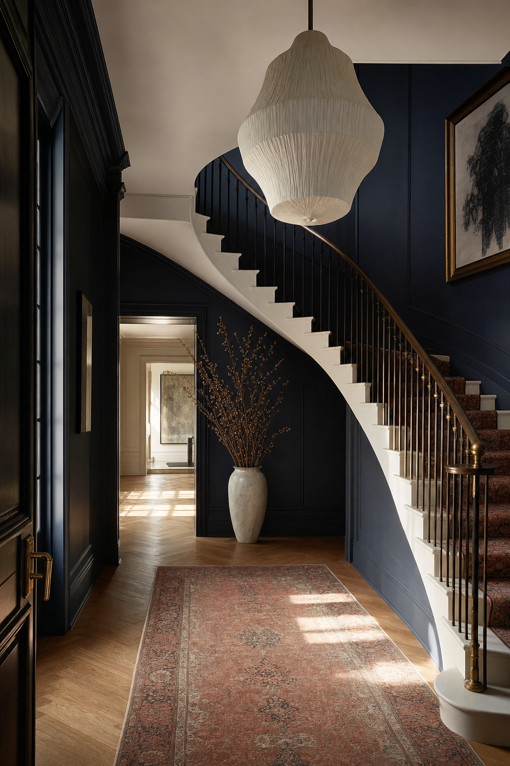Luxury foyer with curved staircase, midnight navy walls, oversized pendant, and antique runner rug